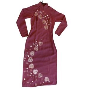 Womens Long Sleeve‎ Midi Dress Embroidered Asian Style Maroon